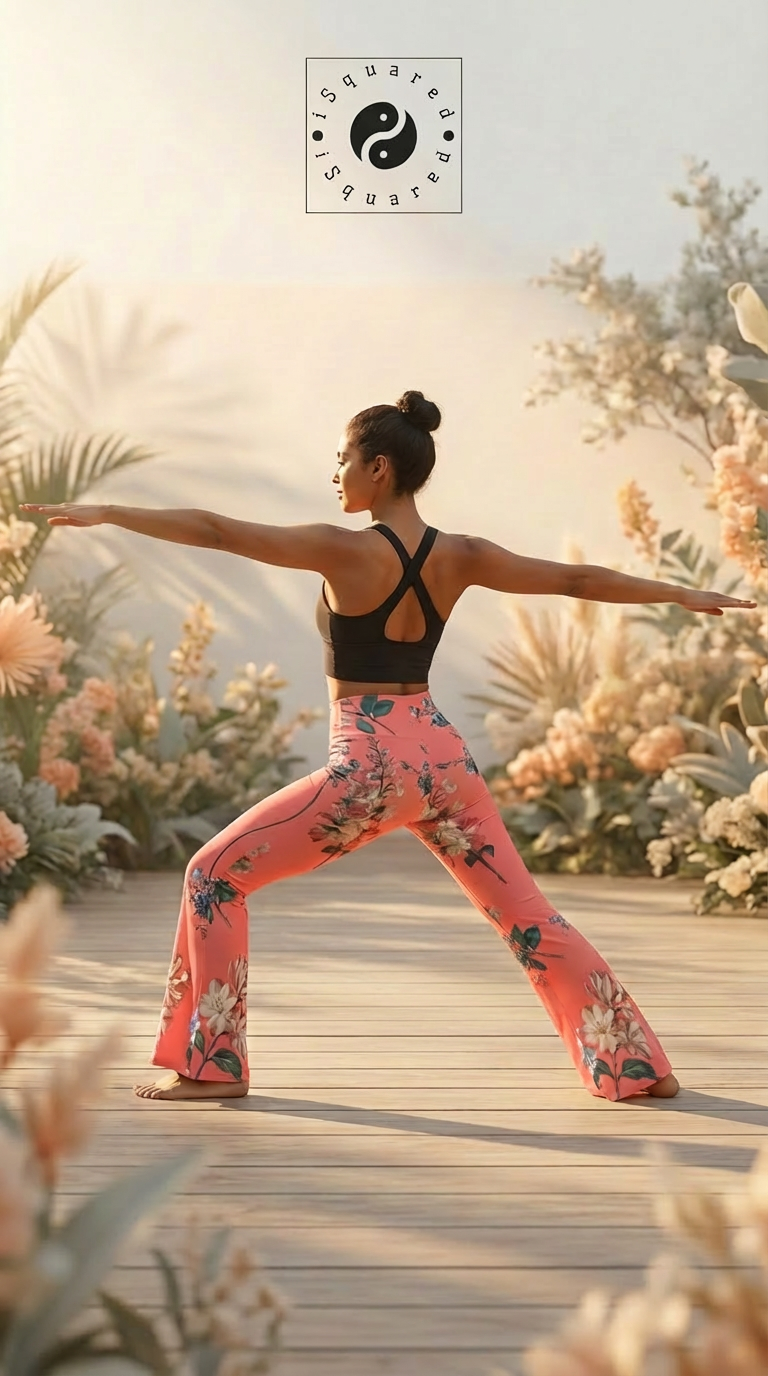 Cross waisted flair leggings in vibrant coral with floral patterns, worn with a black racerback top during a yoga pose.