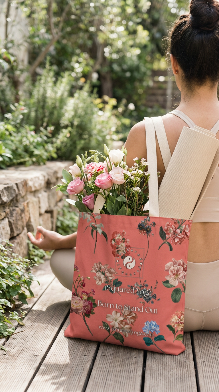 Coral tote bag with floral prints, held by a model carrying a yoga mat and flowers, set against a natural background.