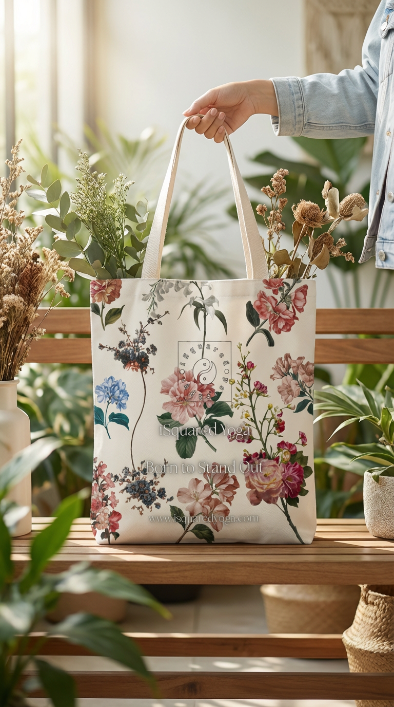 A floral-patterned tote bag featuring vibrant botanicals on a light background, held by a hand with soft straps.