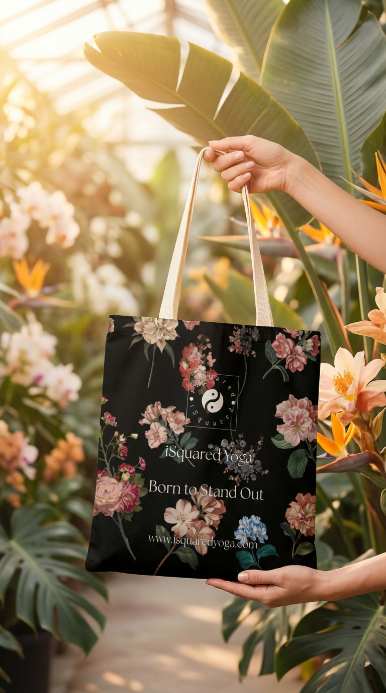 Black tote bag with vibrant floral design, held by a hand in a lush, green setting. Features soft shoulder straps.