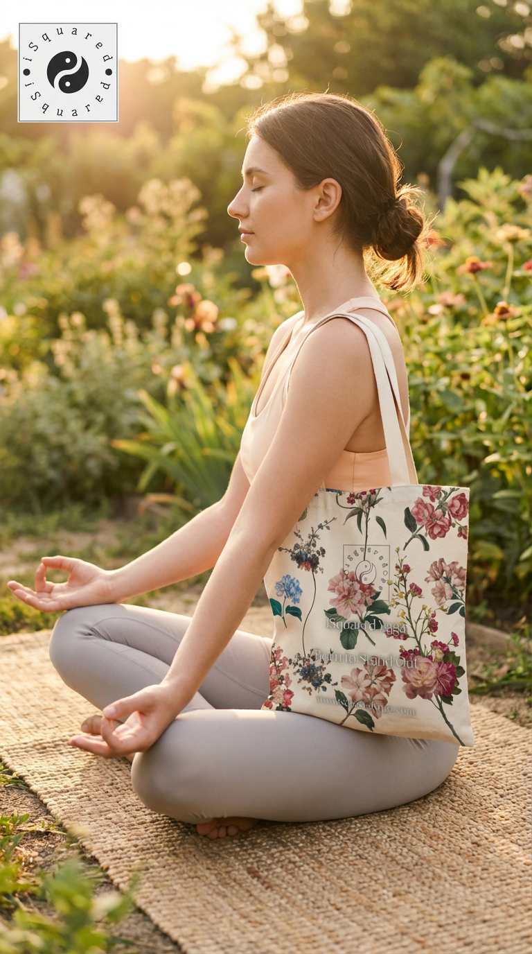 Botanicals iSquared Tote Bag featuring vibrant floral prints, worn on a model sitting cross-legged outdoors.
