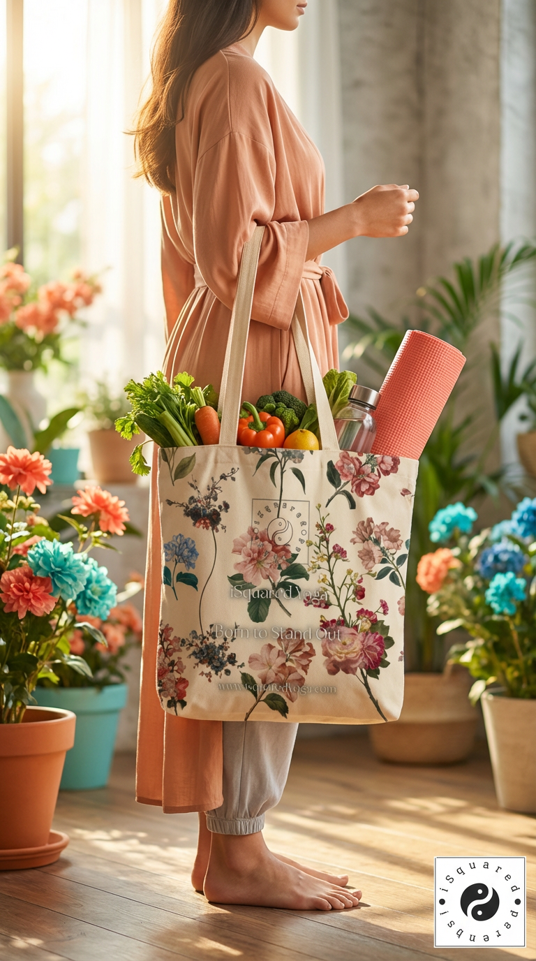 Botanicals tote bag with floral print, held by a model in a soft peach robe, filled with vegetables and a yoga mat.