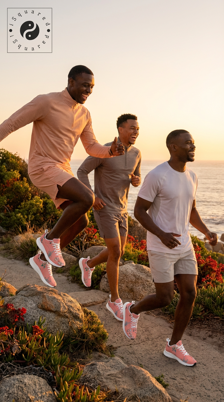 Men are joyfully running along a coastal path, wearing colorful iSquared Men Runners in vibrant coral with floral accents.