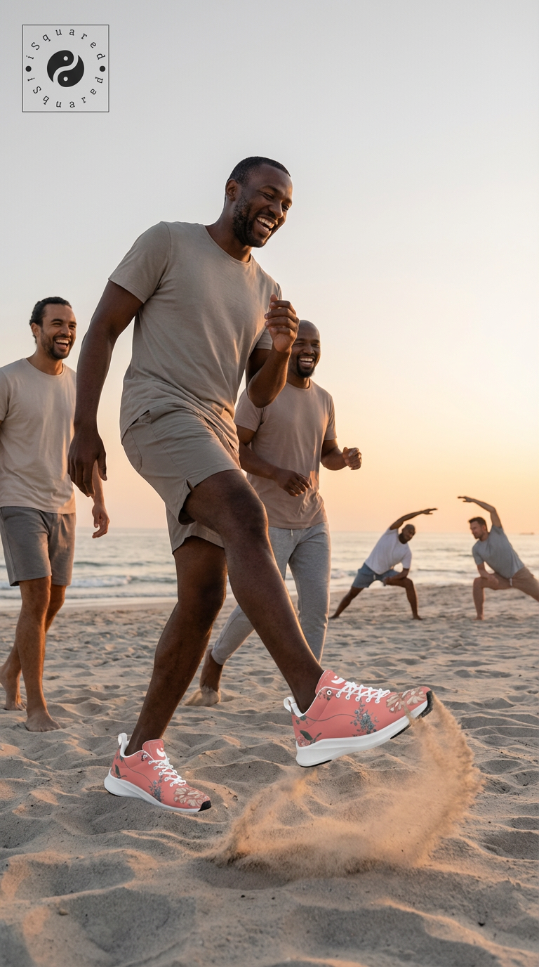 Men's coral iSquared runners with floral print, worn casually on the beach by a group of laughing friends.
