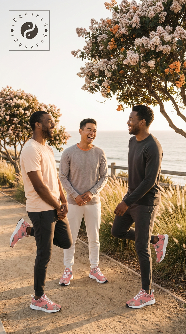 Three men are standing on a path wearing iSquared Men Runners in vibrant coral floral design, paired with casual activewear.