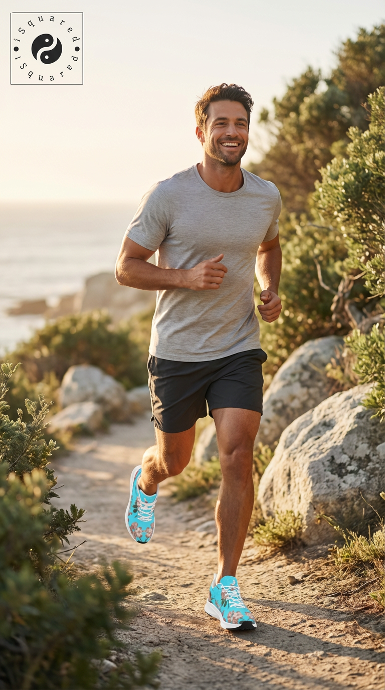 Men running on a dirt path, wearing vibrant blue iSquared Men Runners with floral prints and a grey t-shirt and shorts.