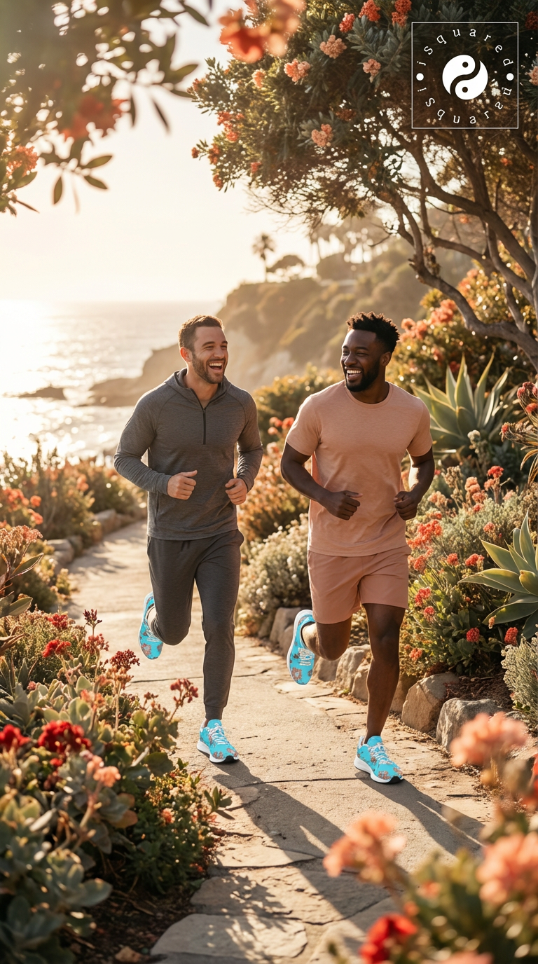 Two men are jogging on a scenic path surrounded by flowers, wearing the iSquared Men Runners in vibrant blue.