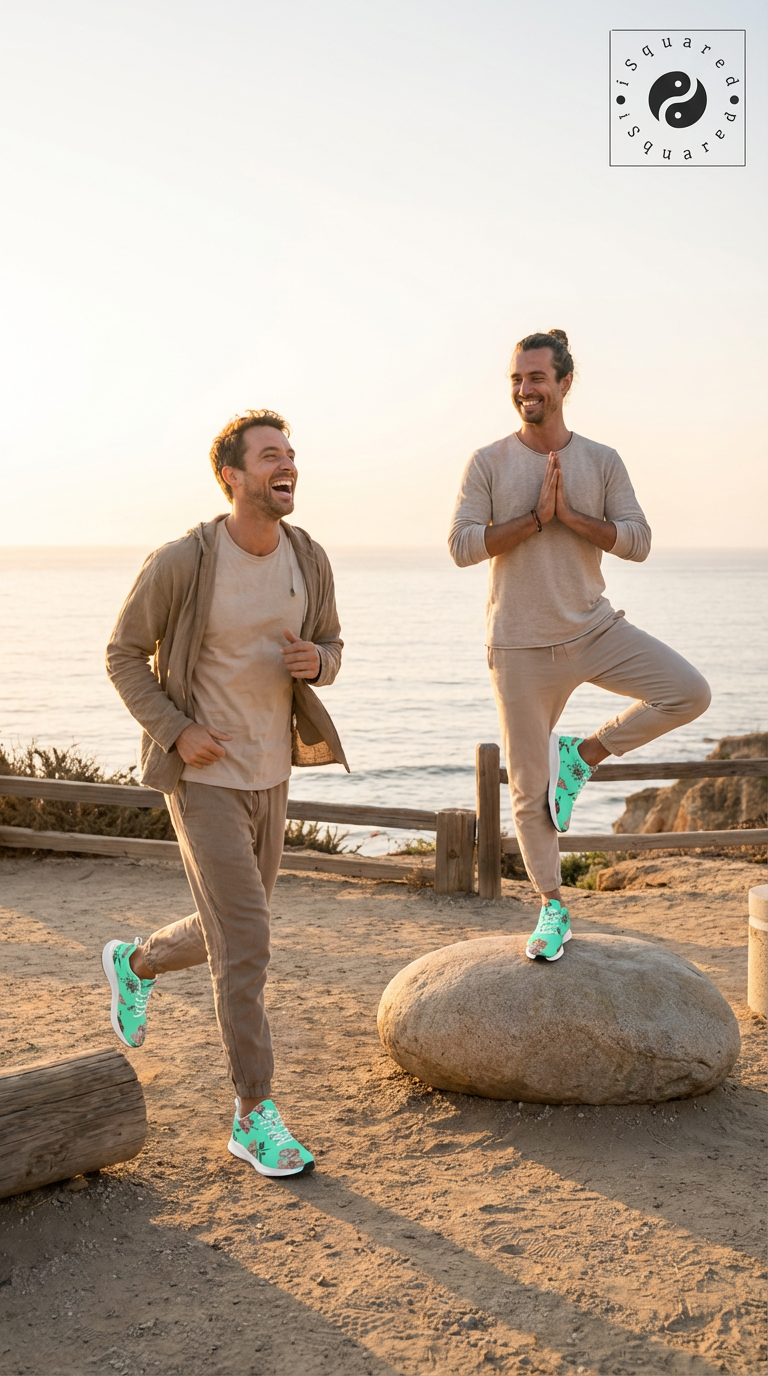 Two men outdoors near the ocean, one standing on a boulder and the other walking. Both wear iSquared Men Runners in a vibrant botanical pattern with breathable faux suede.