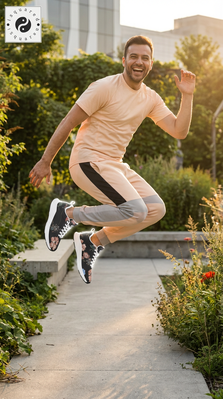 Vibrant black iSquared Men Runners with floral print, worn by a smiling man in light peach activewear, jumping outdoors.