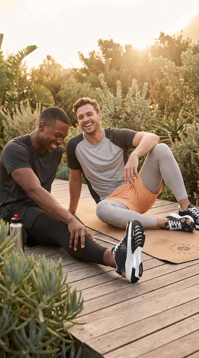 Men are sitting on a wooden surface, wearing yoga gear. One wears black shorts and a black shirt; the other has grey top and orange shorts, both in iSquared Men Runners with floral accents.