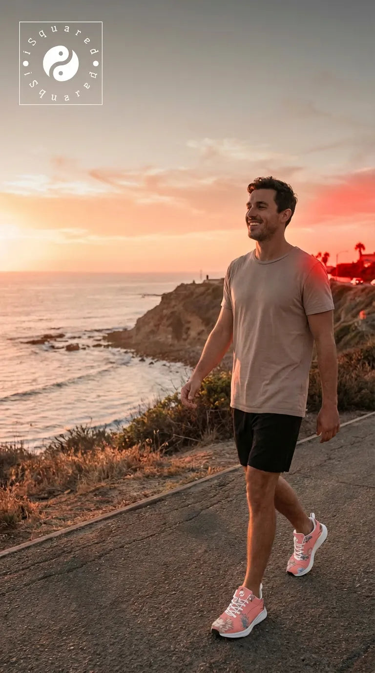 Men's casual outfit featuring iSquared Men Runners in vibrant coral with floral prints, worn with black shorts and a light t-shirt.