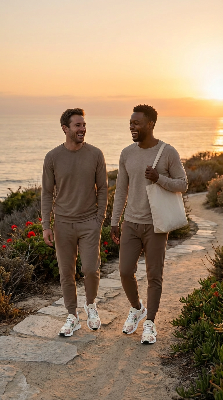 Men walking on a path at sunset, wearing Botanicals iSquared Men Runners in floral design and neutral-toned outfits.