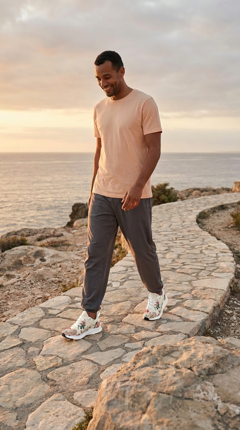 Men's iSquared Runners in white with botanical prints, paired with gray pants and a light pink shirt, on a seaside path.