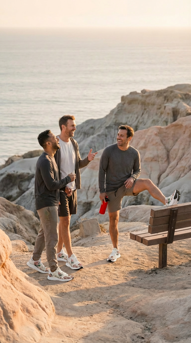 Three men standing outdoors by the seaside, wearing iSquared Men Runners with floral prints, engaging in conversation.