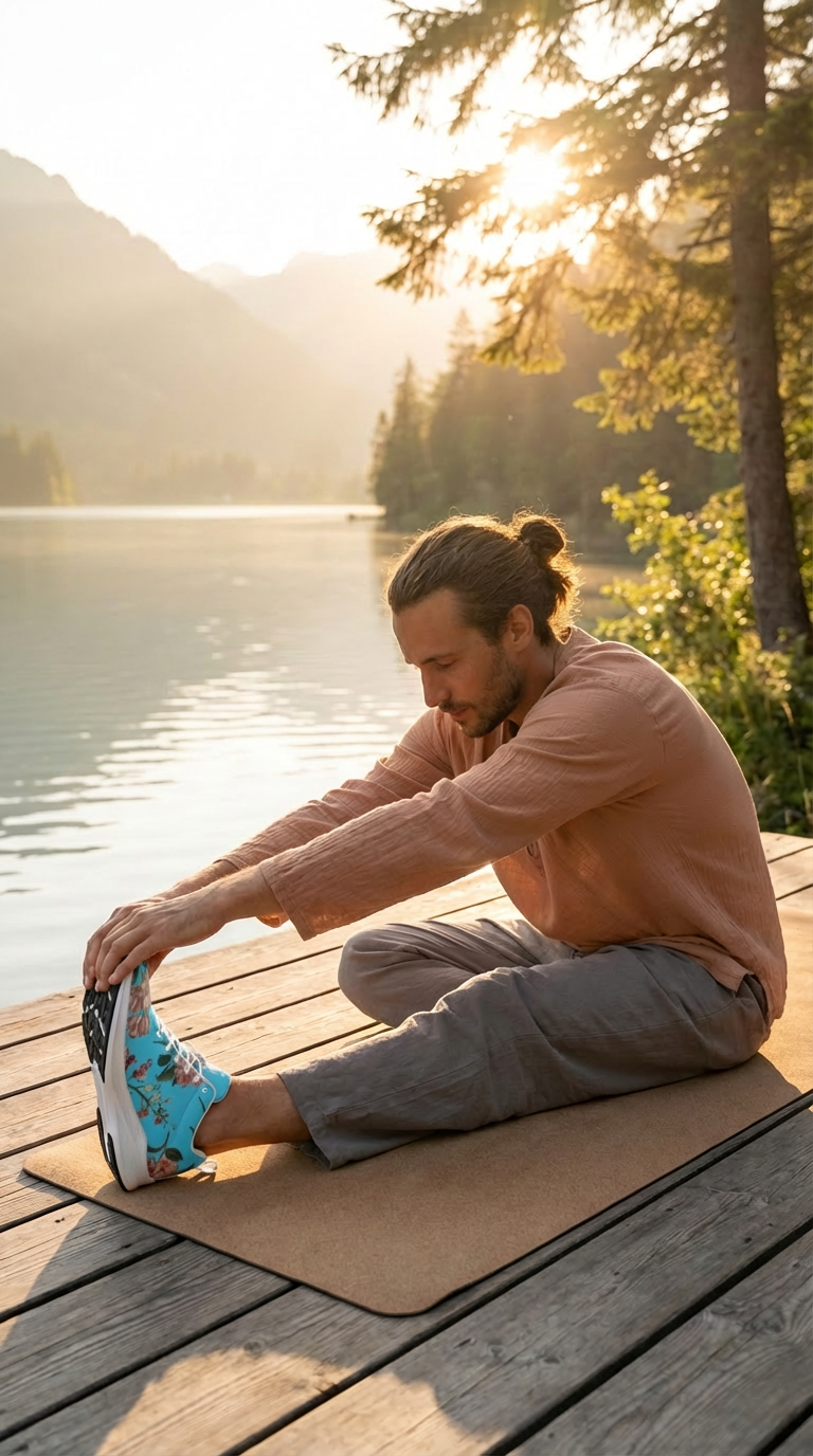 Botanicals iSquared Men Runners in turquoise with a floral pattern, worn by a man stretching on a lake dock at sunset.