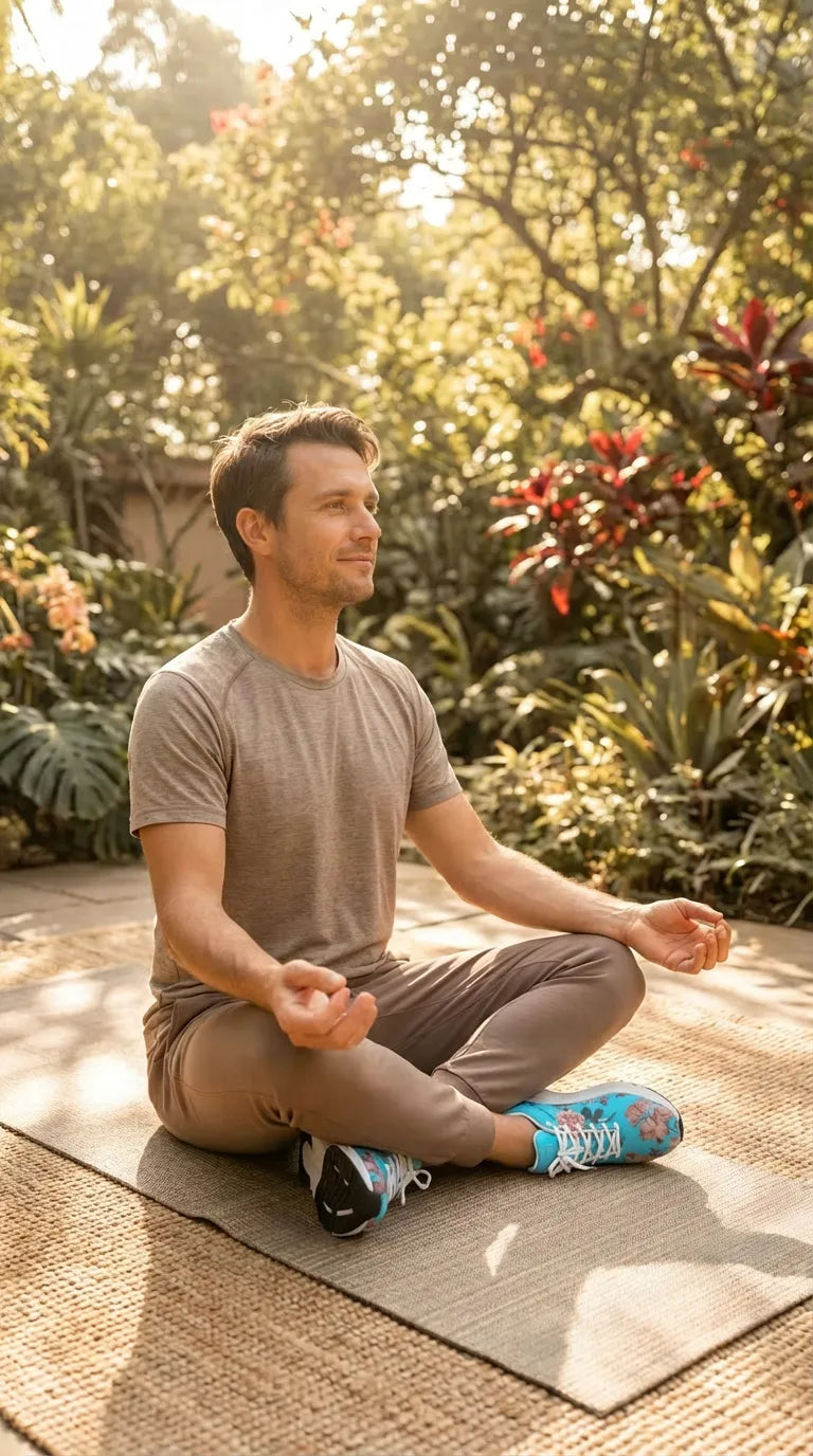 Men's iSquared Runners in vibrant blue with floral pattern, worn with beige pants; seated in a meditative pose outdoors.