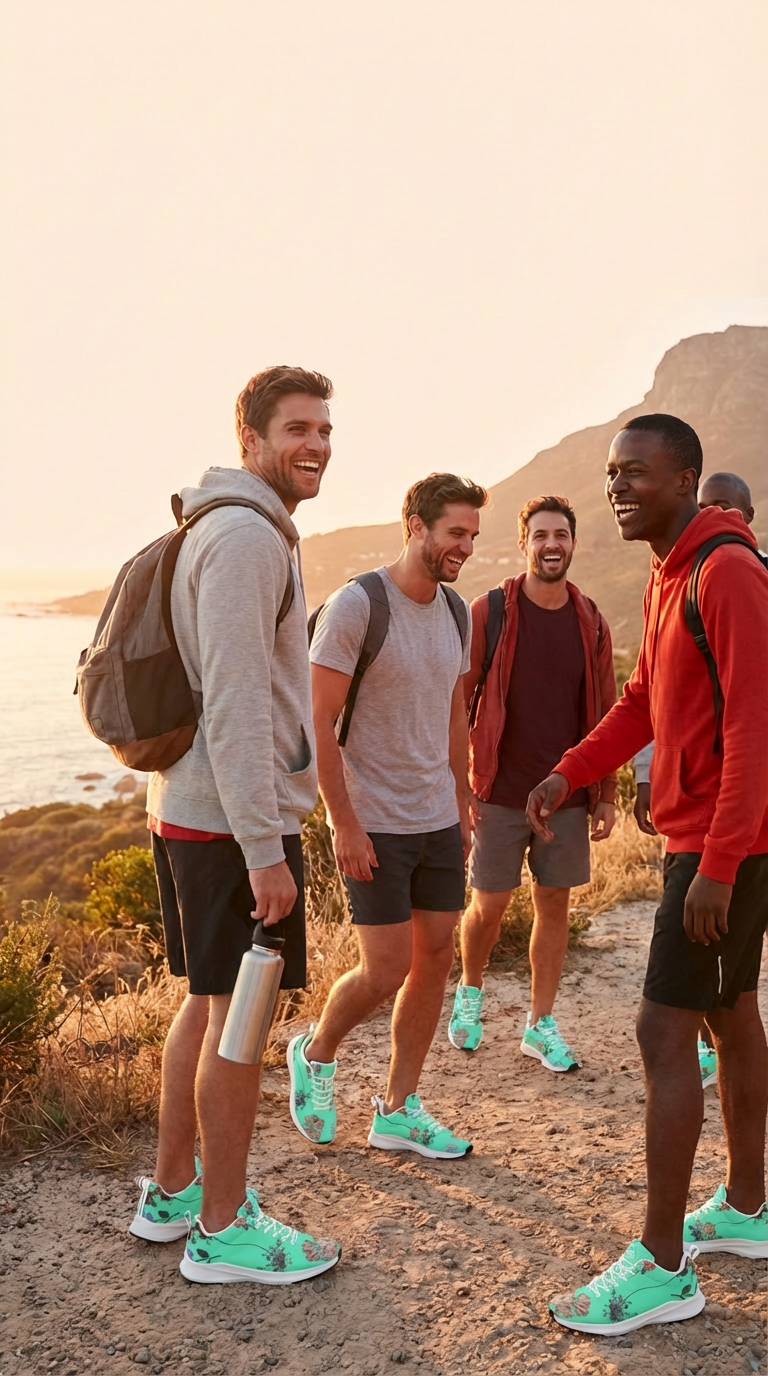 Breathable mint green iSquared Men Runners with floral accents, worn by men in casual outdoor setting, smiling and enjoying time together.