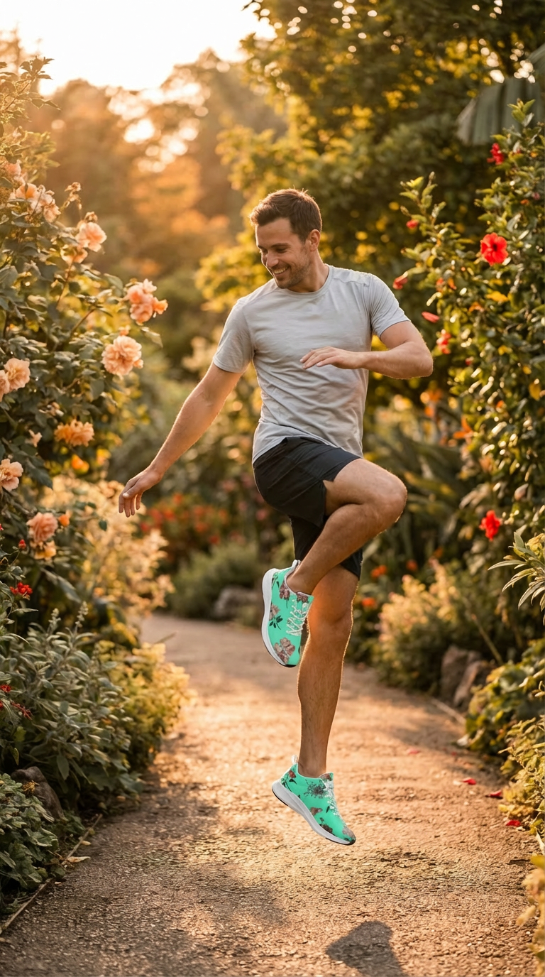 Men's iSquared Runners in vibrant turquoise with floral print, worn with a light gray shirt and black shorts in a garden setting.