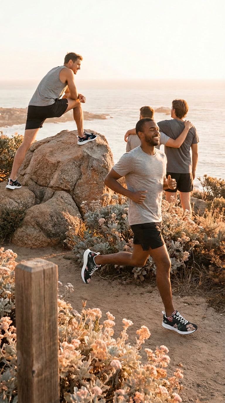 Men are wearing iSquared Men Runners in floral designs, paired with sleeveless tops and shorts, in a coastal setting.
