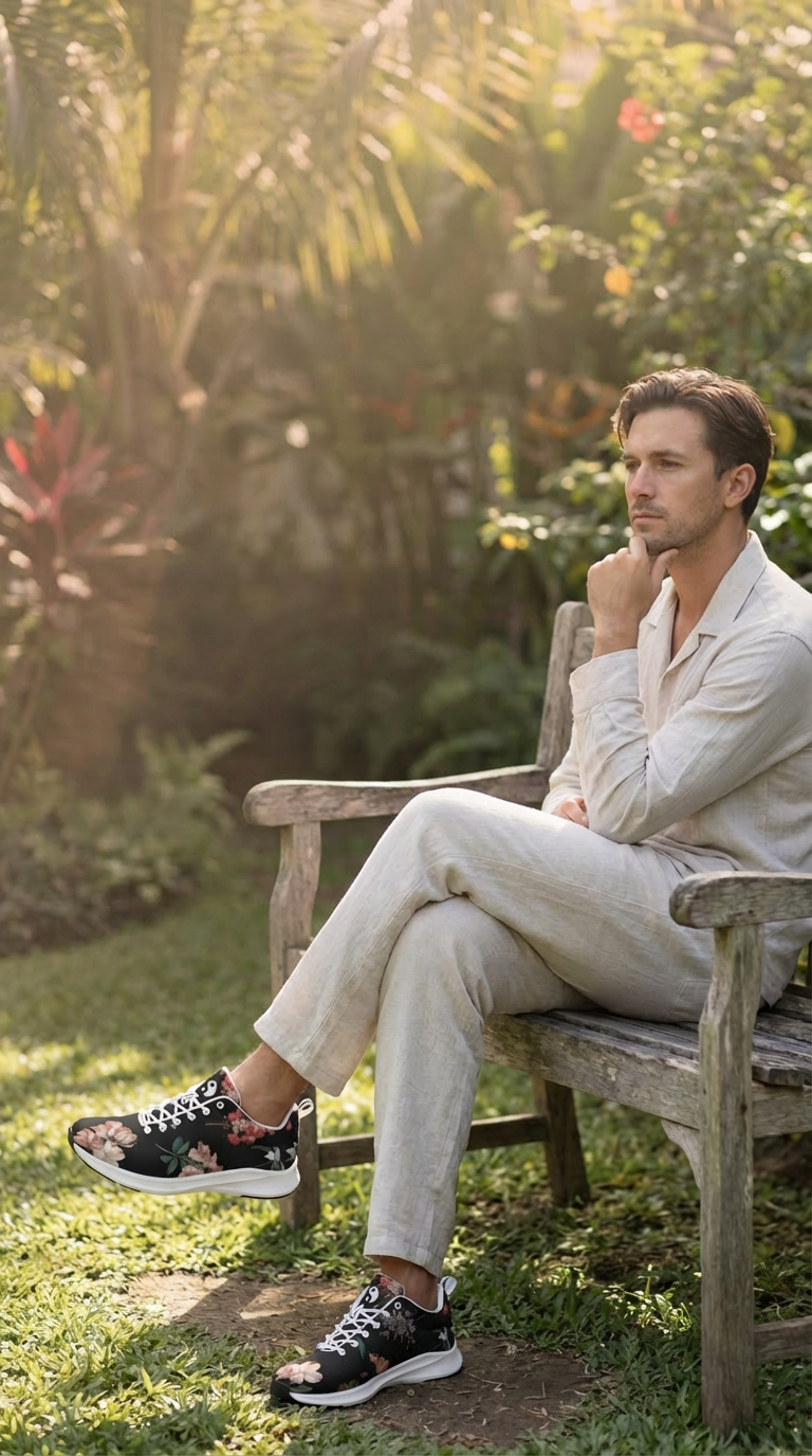 Vibrant floral-patterned iSquared Men Runners in black worn with light-colored linen pants, seated on a wooden bench outdoors.