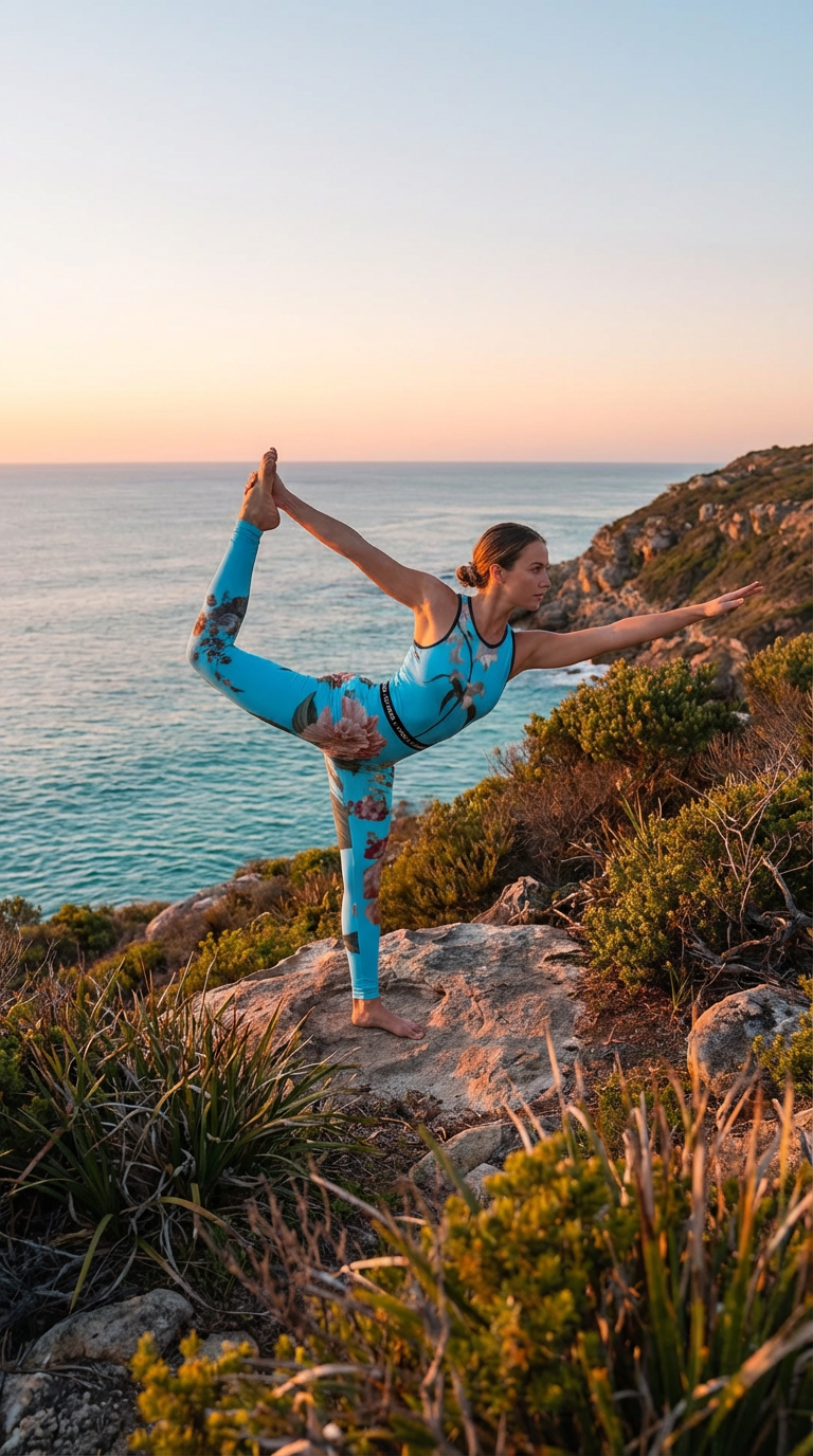 A woman in a sleeveless turquoise jumpsuit with floral patterns performs a yoga pose on a rocky ledge by the ocean.