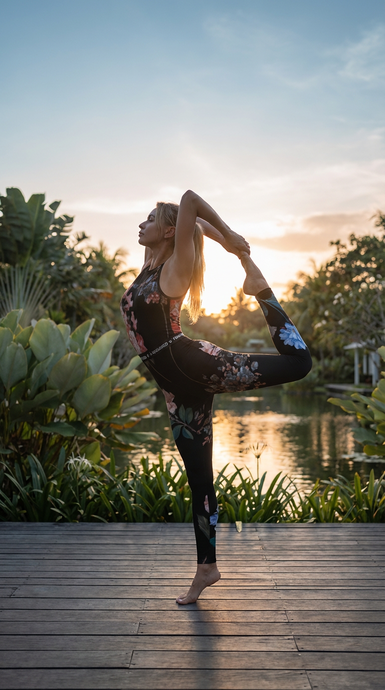Sleeveless black jumpsuit with floral prints, body-hugging fit, showcased in a yoga pose by a model in nature.