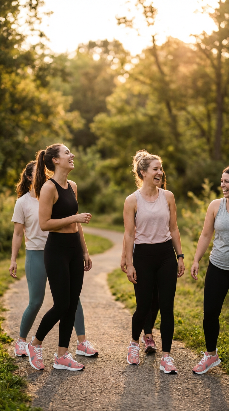 Four women walk along a path, wearing leggings and athletic tops. One woman wears pink and white iSquared Women Runners.