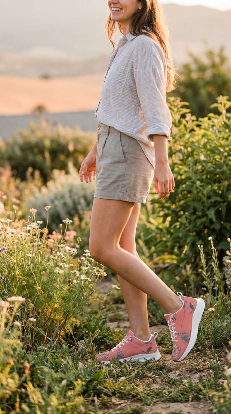 Botanicals iSquared Women Runners in Vibrant Coral, featuring floral prints, worn with light shorts and a casual top.