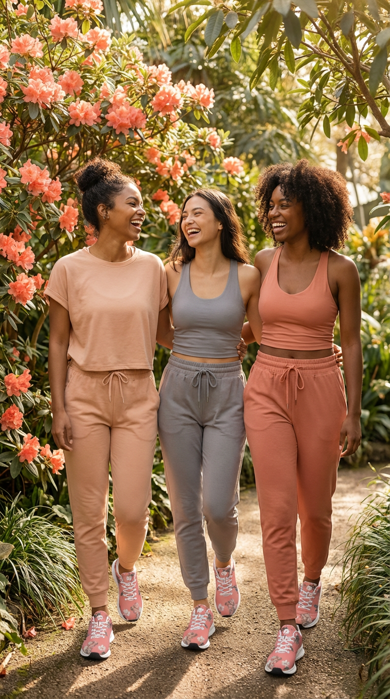 Three women walk together in a lush garden, wearing casual workout outfits. One sports a light pink cropped tee and matching sweatpants, another wears a gray tank top with gray sweatpants, while the third has on a peach crop top and coordinating joggers. All are wearing the iSquared Women Runners in vibrant coral with floral patterns.