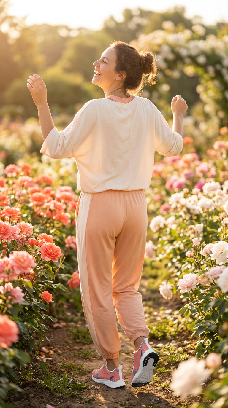 A woman joyfully walks through a rose garden, wearing iSquared Women Runners in pink with botanical details, paired with loose pale peach pants.