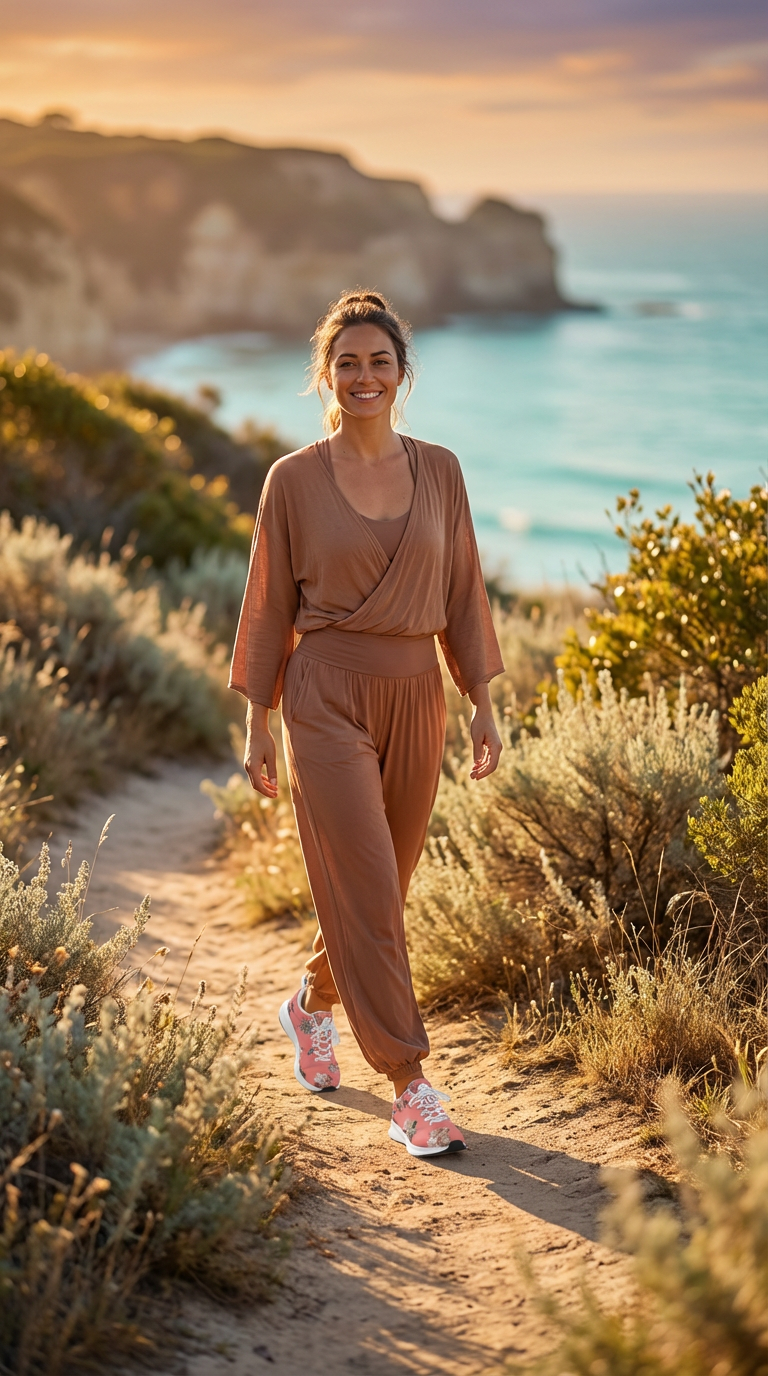 A smiling woman walks on a sandy path, wearing a brown jumpsuit and pink floral iSquared Women Runners shoes.