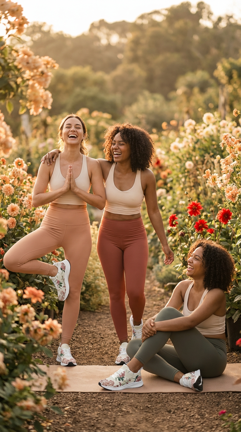 Three women are enjoying a playful moment in a flower garden, wearing iSquared Women Runners. One woman stands on one leg, wearing light beige leggings and a matching top, with her hands in a prayer position. Another wears terracotta leggings and a sleeveless top, smiling while standing beside her. The third sits on a mat, dressed in olive green leggings and top, laughing. Their shoes feature a floral design and reflect vibrant colors.