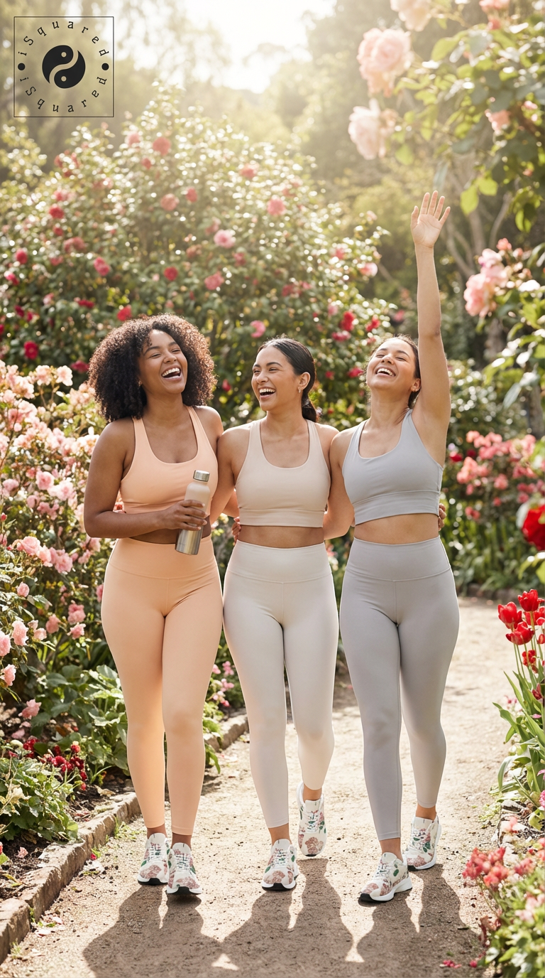 Three women walk together in a garden, showcasing iSquared Women Runners. They wear leggings and sports bras in coral, beige, and gray. The shoes feature floral prints, blending style and comfort.