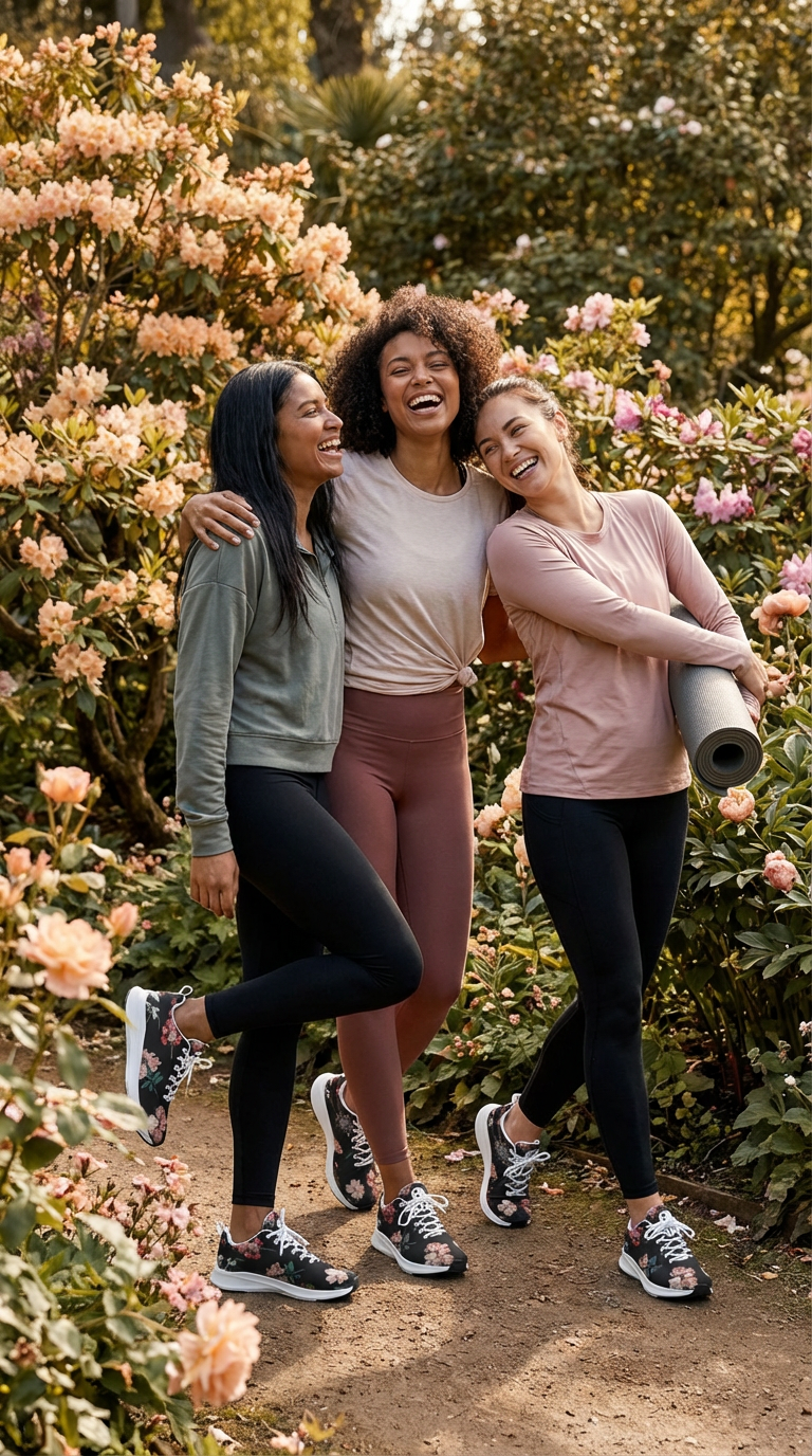 Three women enjoy a sunny outdoor setting, wearing iSquared Women Runners in floral black, paired with leggings and casual tops.