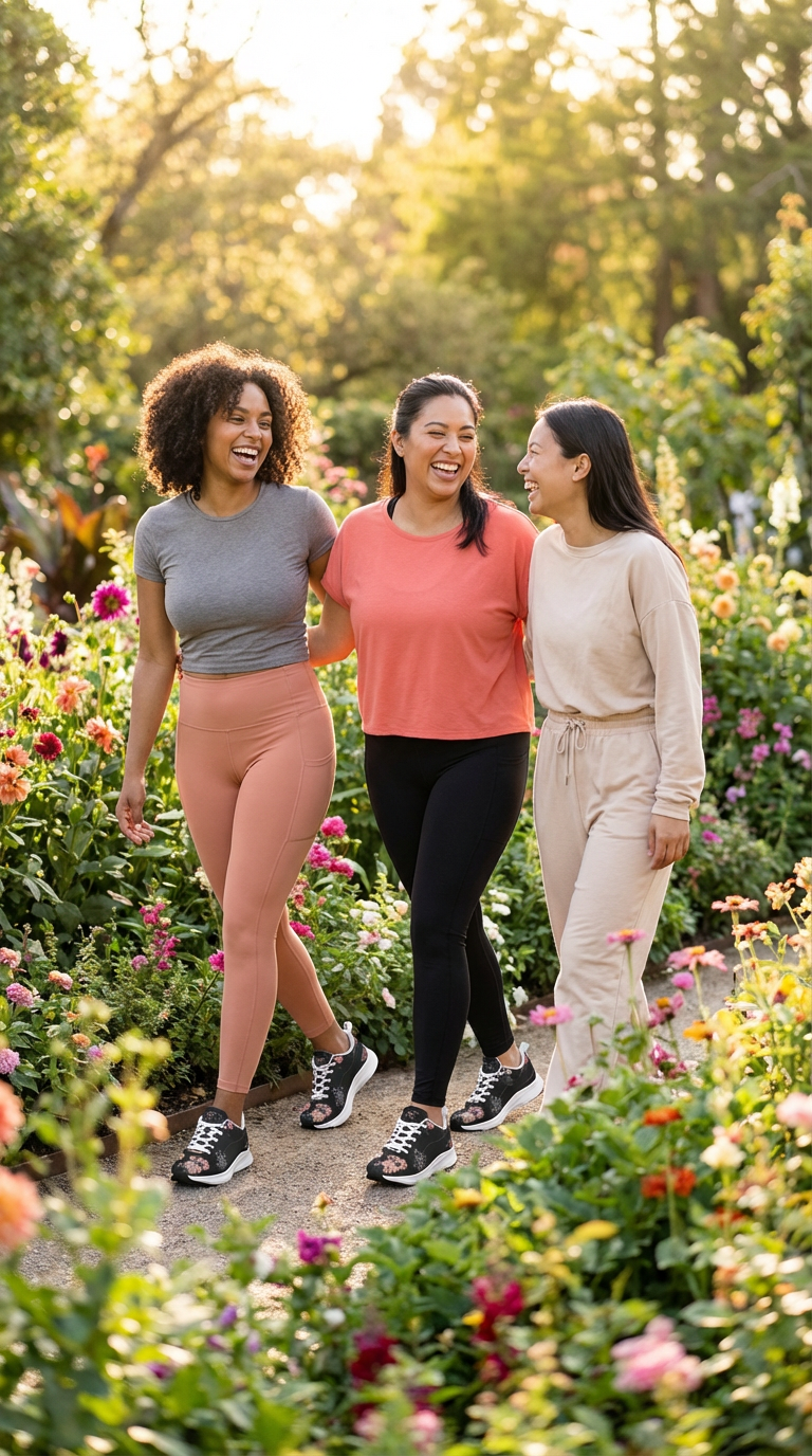 Three women are walking through a colorful garden, wearing iSquared Women Runners. The first is in a grey shirt and peach leggings, the second in an orange top and black leggings, and the third in a beige outfit.