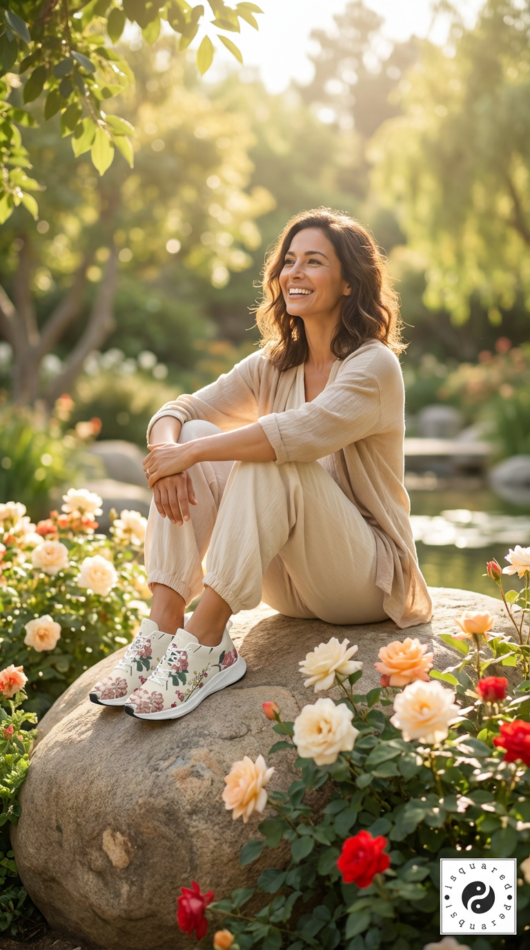 iSquared Women Runners in a floral print, worn with a beige outfit, sitting on a rock surrounded by colorful roses.