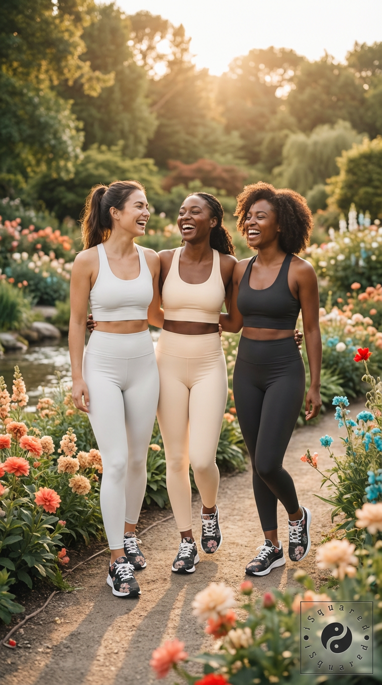 Three women are walking together in a flower garden wearing sports bras and high-waisted leggings. One wears a light beige set, another a vibrant coral set, and the last a black set. They each have on floral-printed black iSquared Women Runners.