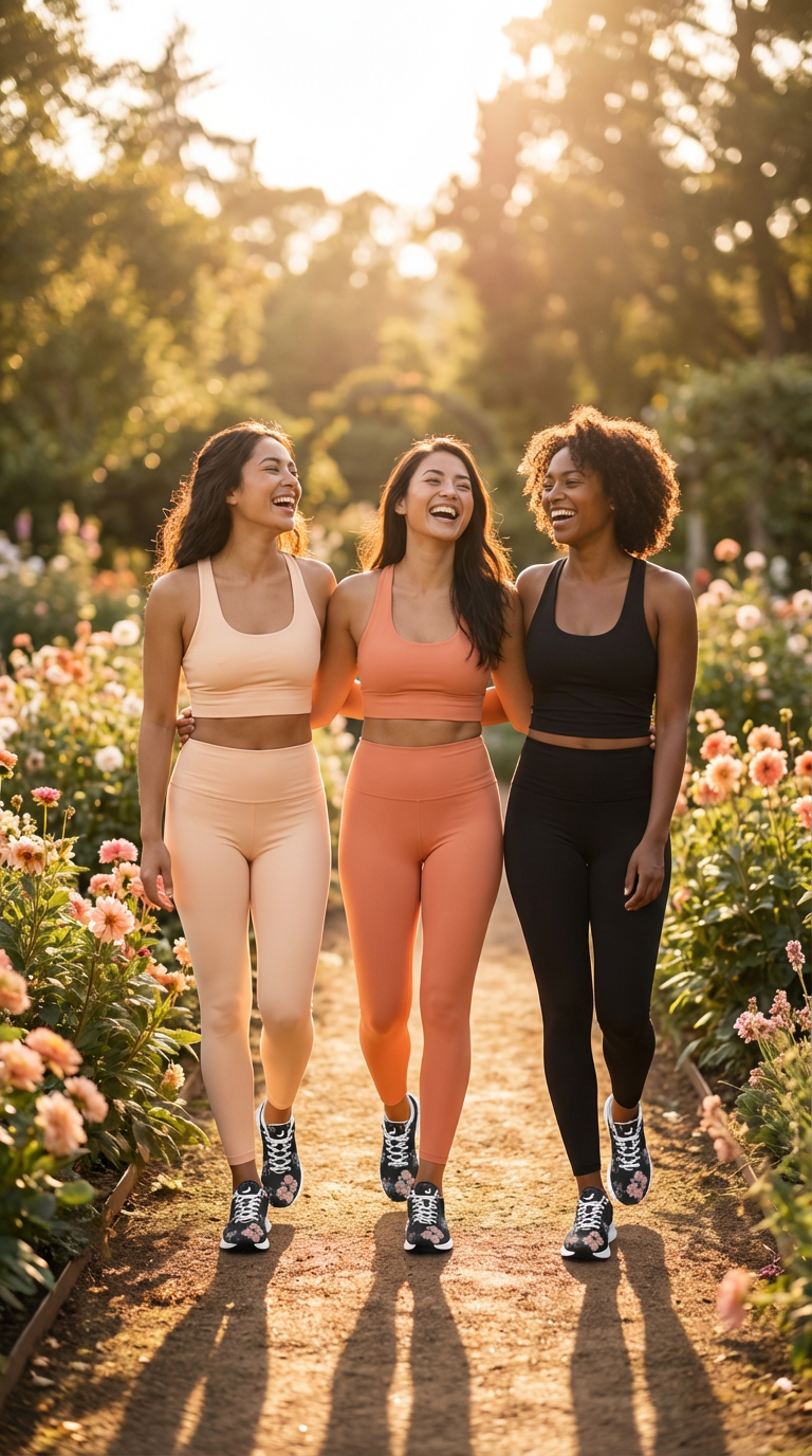 Three women are walking together on a sunny path, wearing iSquared Women Runners. One wears peach leggings and a matching crop top, another in coral activewear, and the third is dressed in black. They all sport stylish running shoes with floral designs, exuding vibrant energy in a flower-filled garden.