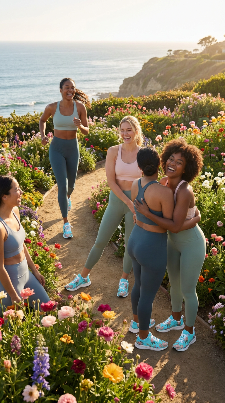 Group of women in vibrant yoga outfits enjoying nature; featuring iSquared Women Runners in blue floral design.