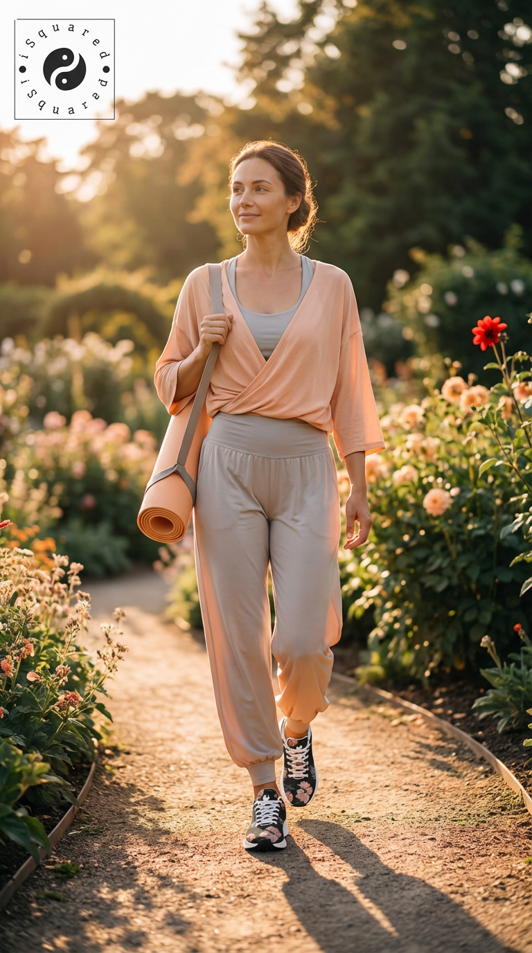 Women wearing peach-colored top and light gray pants, carrying a yoga mat, walking in a flower garden, showcasing iSquared Women Runners.