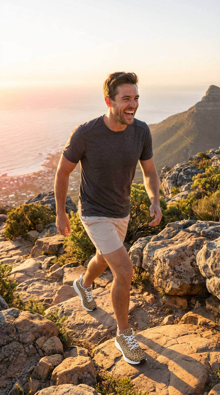 Men's Wild Leopards runners feature a classic leopard print in golden and black, worn with light shorts and a dark tee.