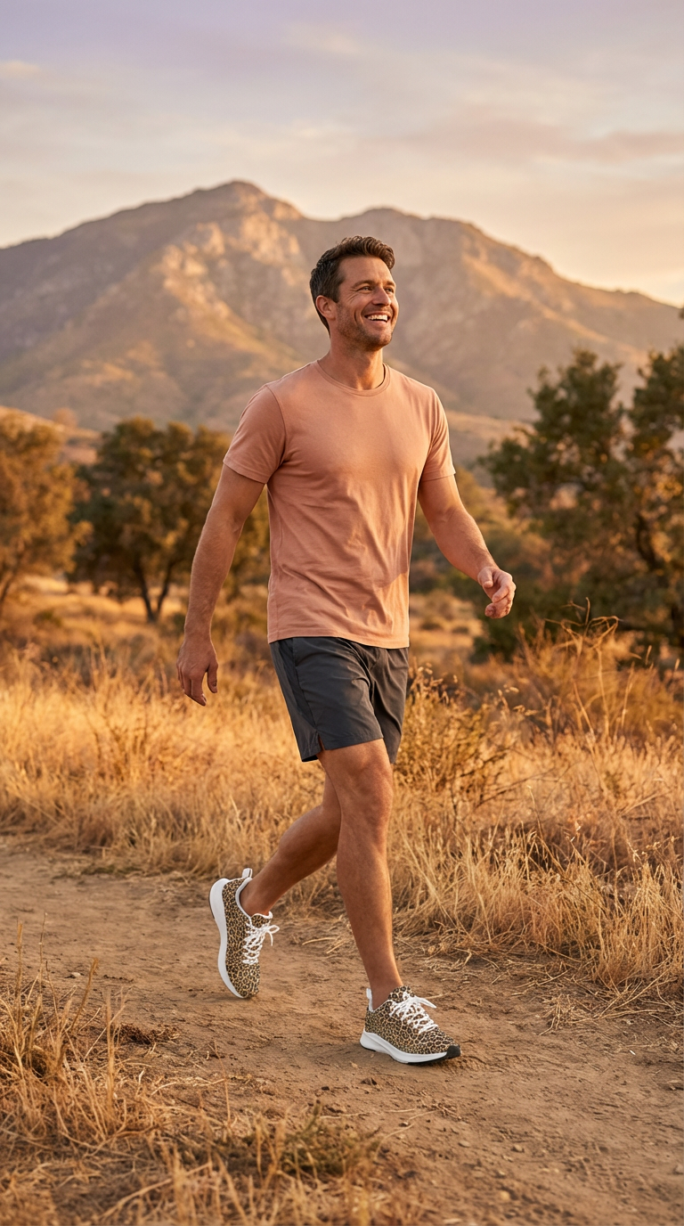 Men's iSquared Wild Leopards runners feature a stylish leopard print with a breathable upper, worn with shorts in a natural setting.