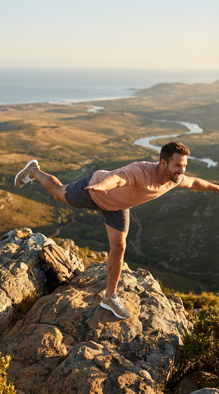 Men's running shoes with a wild leopard print in neutral tones; styled with a casual beige t-shirt and grey shorts.
