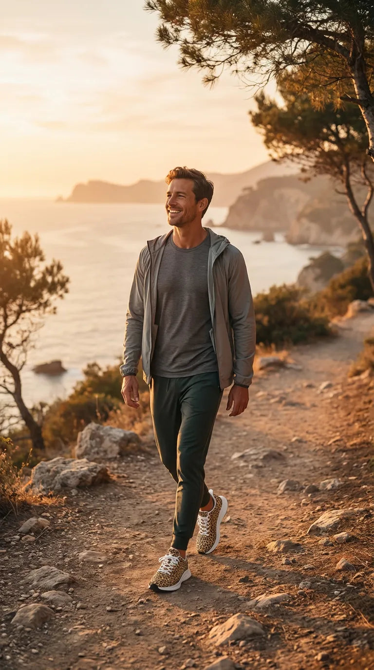 Men's runners featuring a wild leopard print, worn with a gray tee and green joggers, amidst a scenic sunset backdrop.