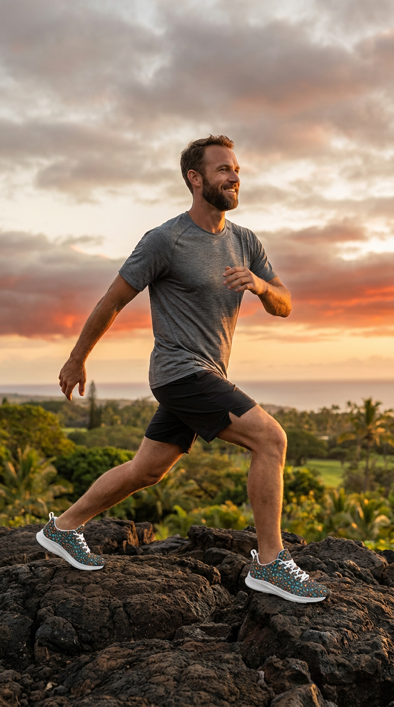 Men’s Wild Leopards runners with vibrant patterns, worn with black shorts, in a natural outdoor setting at sunset.