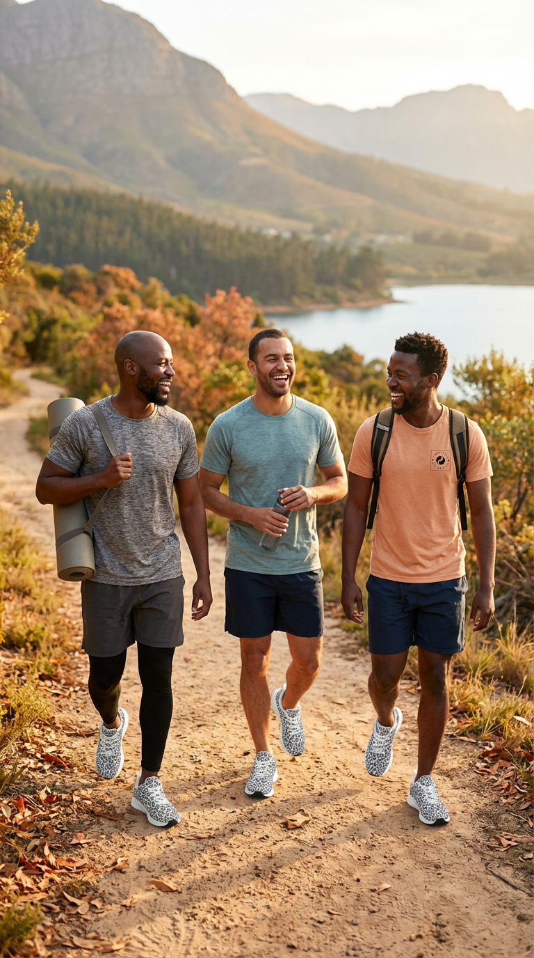 Three men walk on a trail, wearing Wild Leopards iSquared Men Runners with a classic leopard print in gray and black.
