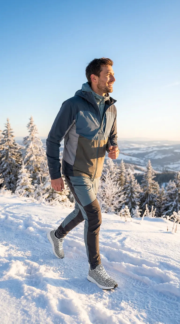Men's running shoes in a wild leopard print, worn with a blue and gray athletic outfit, walking through snowy terrain.