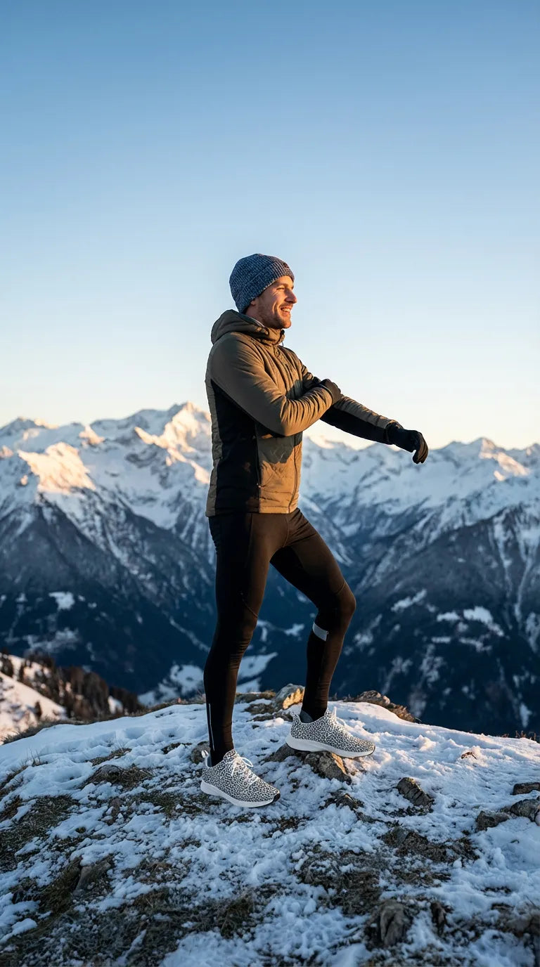 Men's iSquared Runners in leopard print, worn with black leggings and a hooded jacket, standing in a snowy mountain landscape.