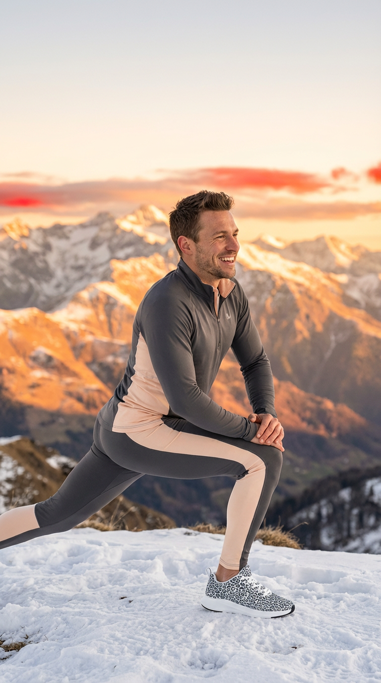 A man in a gray and beige long-sleeve top and matching leggings stretches in the snow, wearing Wild Leopards iSquared Men Runners.