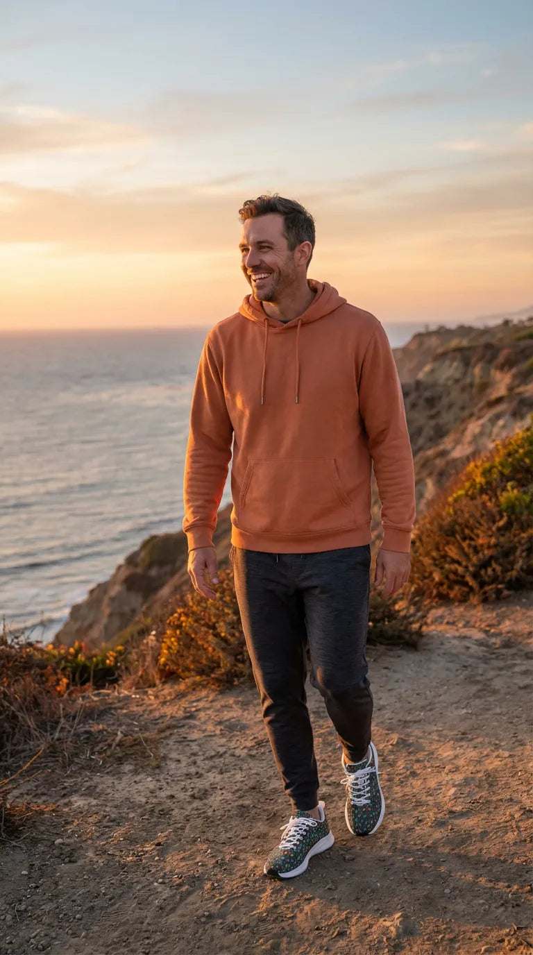 Men's iSquared Wild Leopards runners in a vibrant leopard print, paired with a rust-colored hoodie and dark joggers.